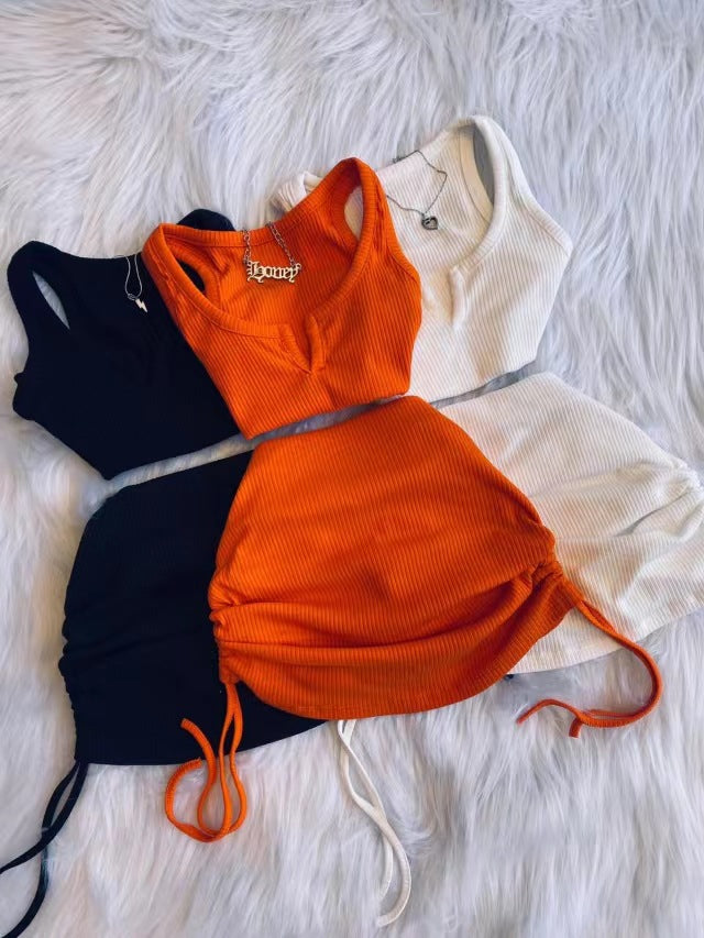 Sexy Solid Color Sleeveless Drawstring Skirt 2 Piece Set