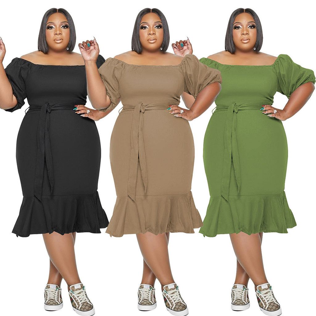 Sexy Plus Size Slash Neck Half Sleeve Rullfed Midi Dress