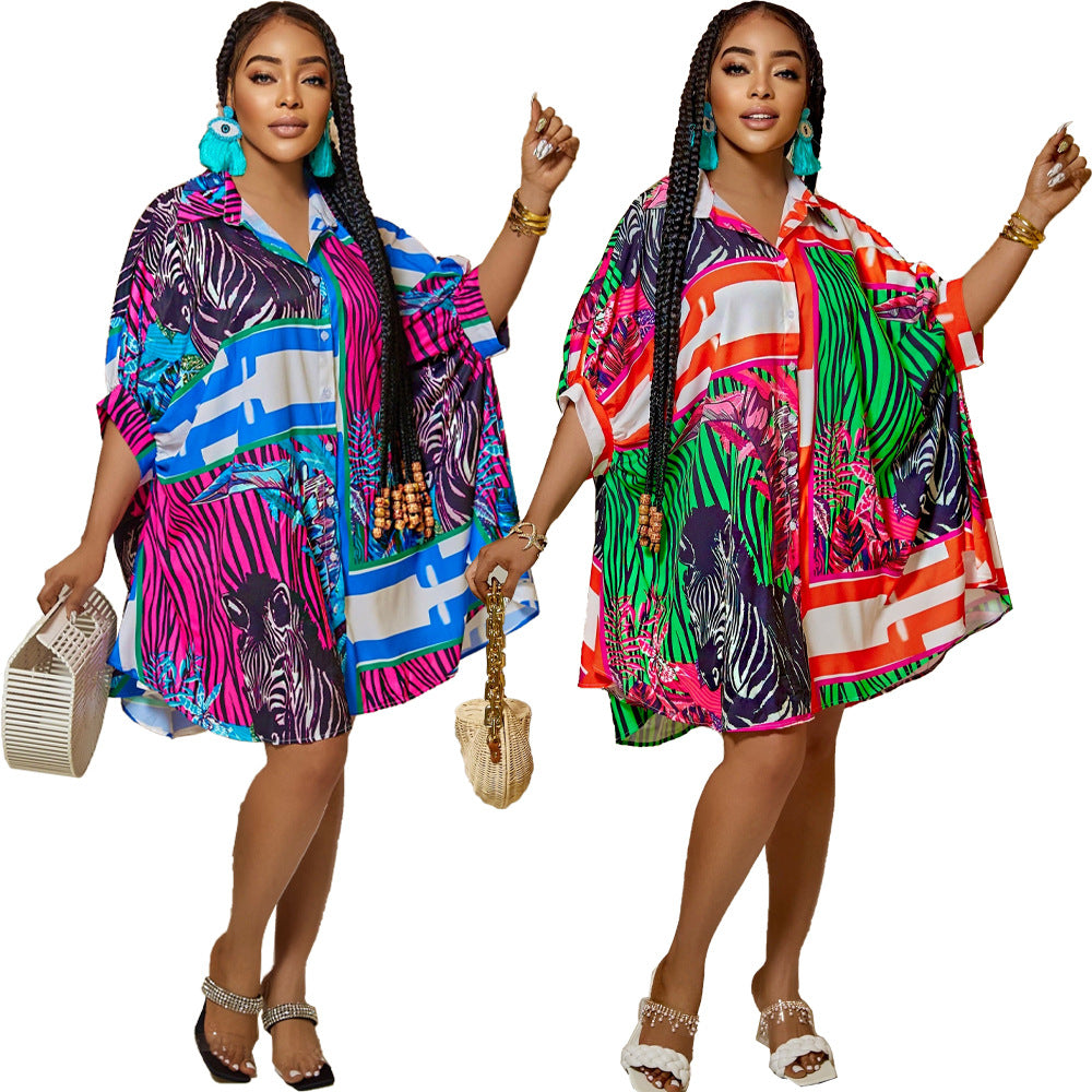 Sexy Plus Size Printed Half Sleeve Loose Shirt Dress