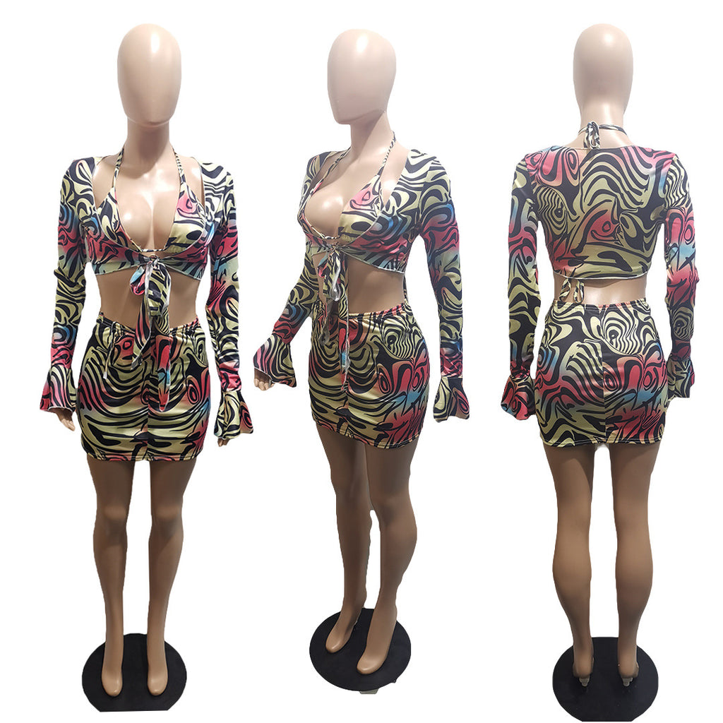 Sexy Plus Size Sexy Printed Bra+Crop Top+Mini Skirt 2 Piece Sets