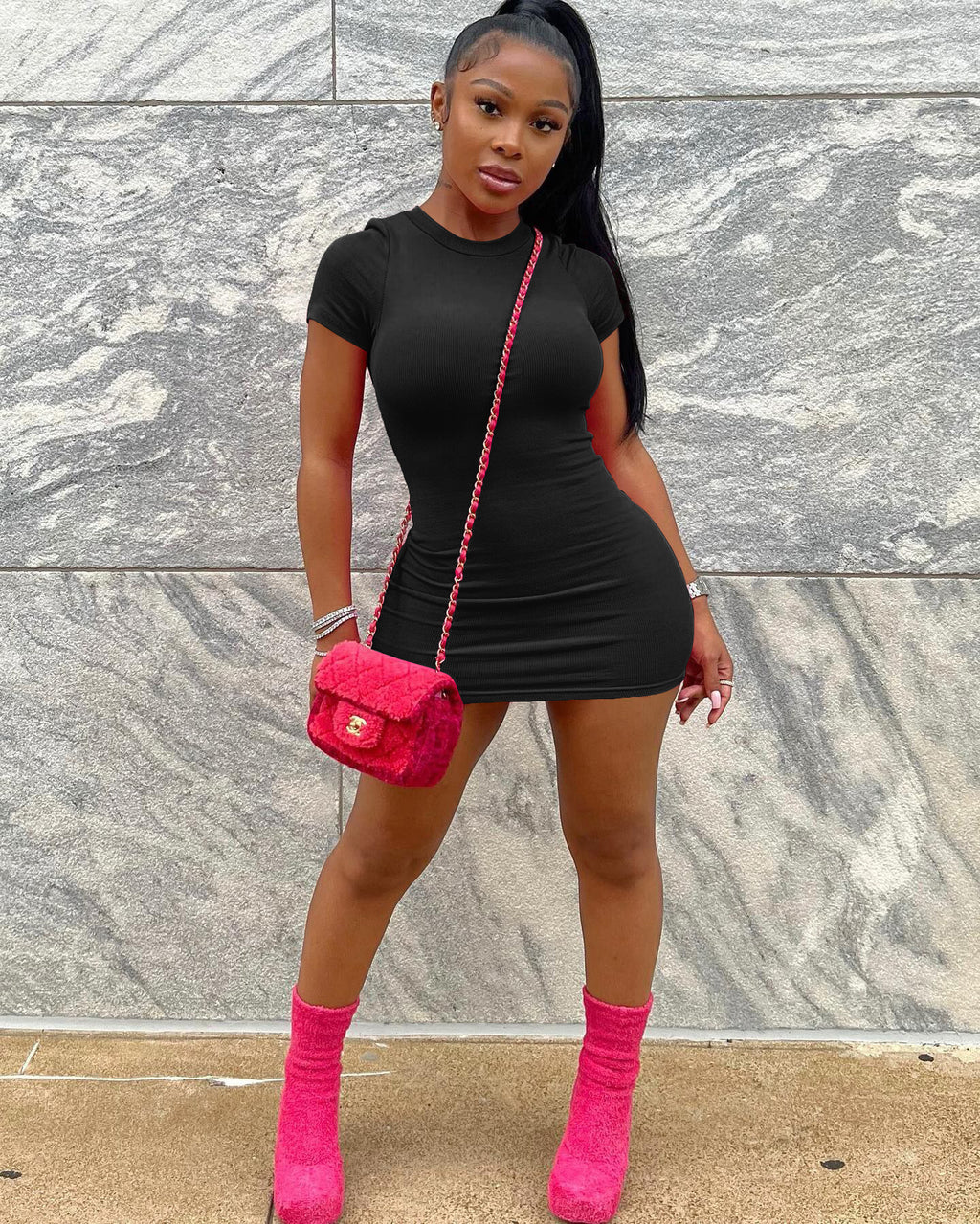 Sexy Plus Size Sexy Tight Solid Color Short Sleeve Mini Dress