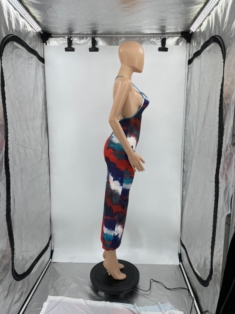 Sexy Tie Dye Print Cross Strap Slim Maxi Dress