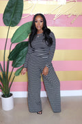 Sexy Plus Size Casual Long Sleeve Tops And Wide Leg Pant Stripe 2 Piece Set
