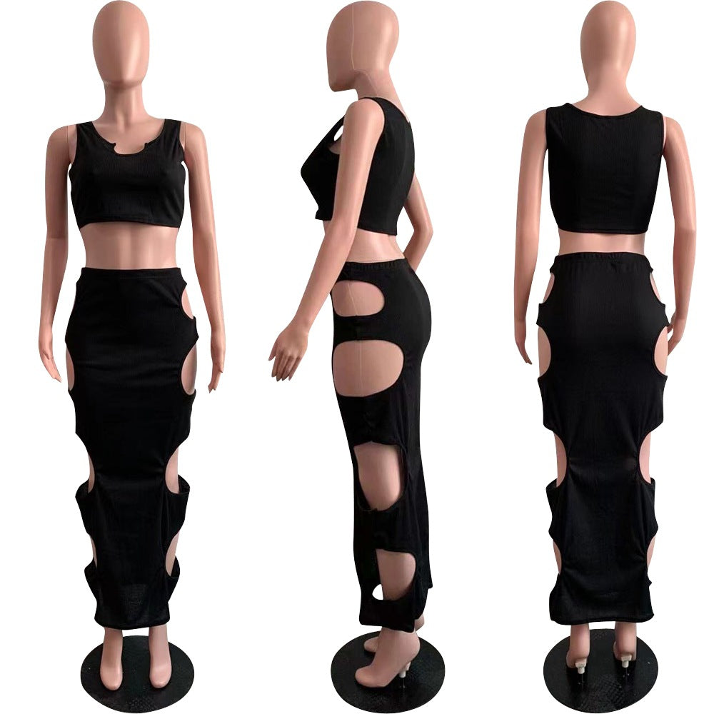 Sexy Solid Sleeveless Hole Long Skirt Two Piece Sets