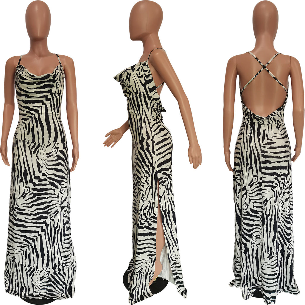 Sexy Zebra Stripe Print Cross Strap High Split Maxi Dress