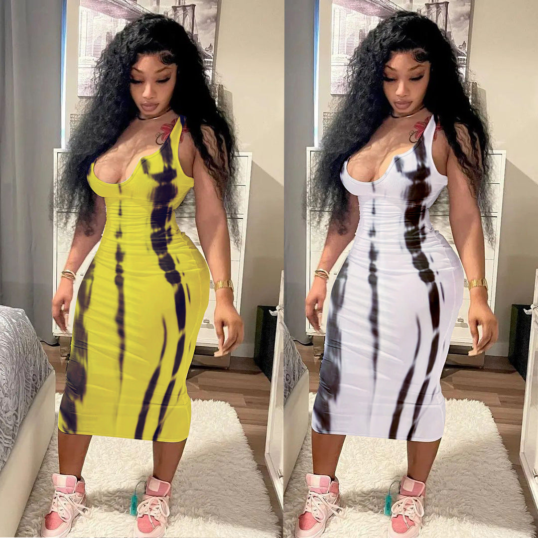 Sexy Plus Size Tie Dye Print Sleeveless Midi Dress