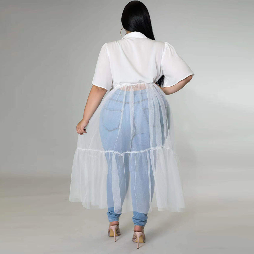 Sexy Plus Size Solid Mesh Patchwork Sashes Maxi Dress