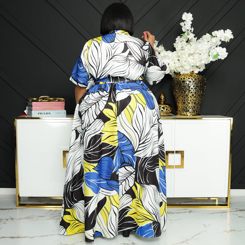Sexy Plus Size Printed Short Sleeve Belted Maxi Dress