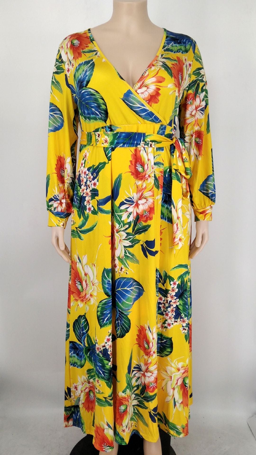 Sexy Plus Size Floral Print Long Sleeve V Neck Maxi Dress