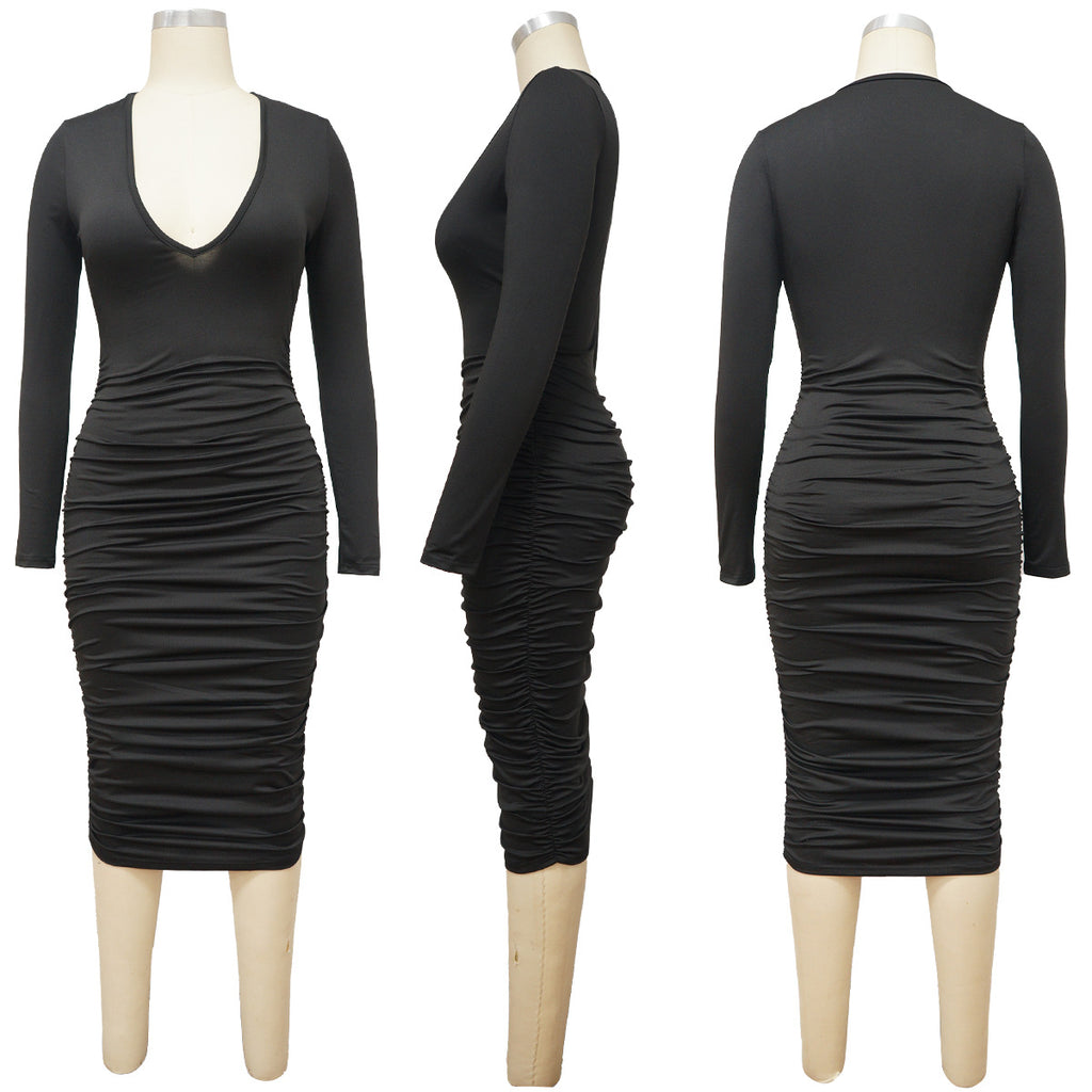 Sexy Solid Color Long Sleeve Skinny Ruched V-neck Midi Dress