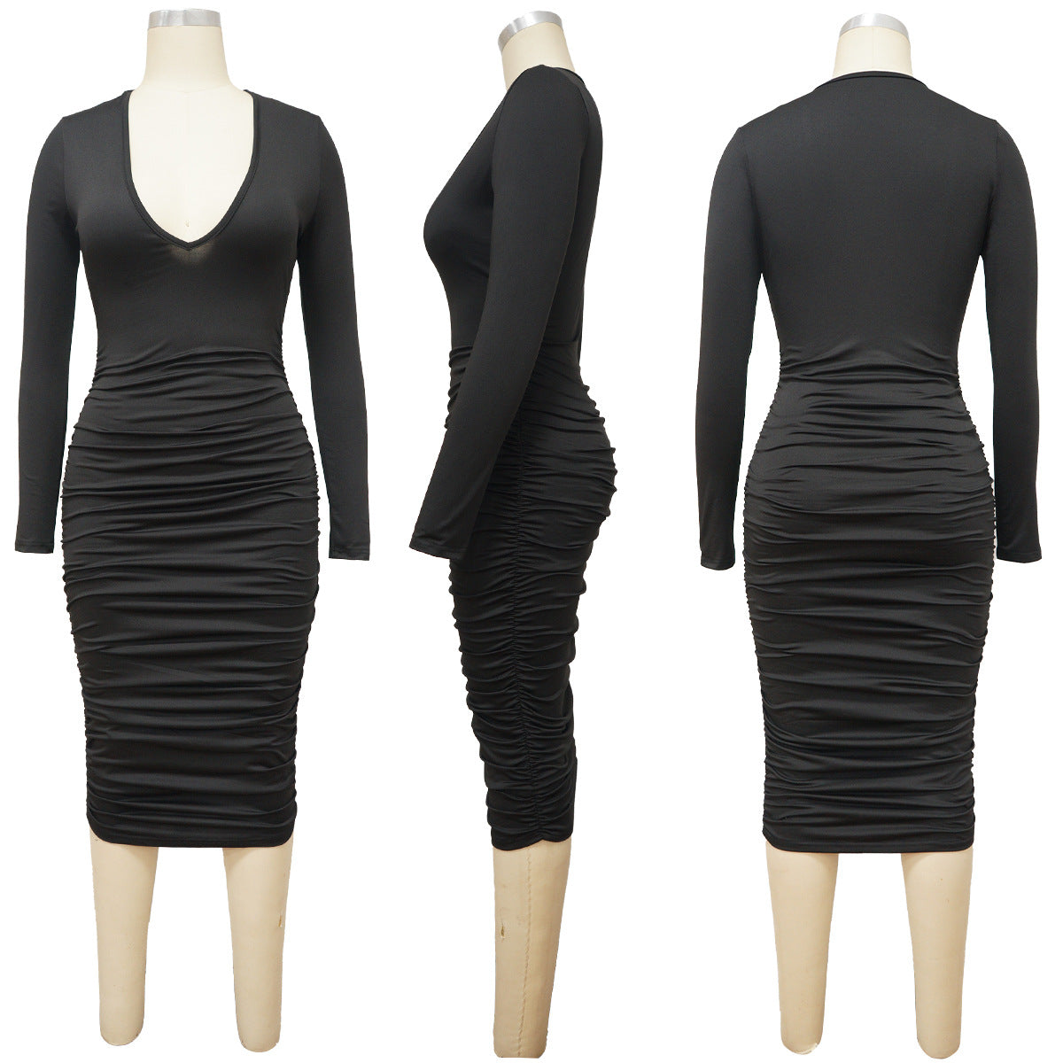 Sexy Solid Color Long Sleeve Skinny Ruched V-neck Midi Dress