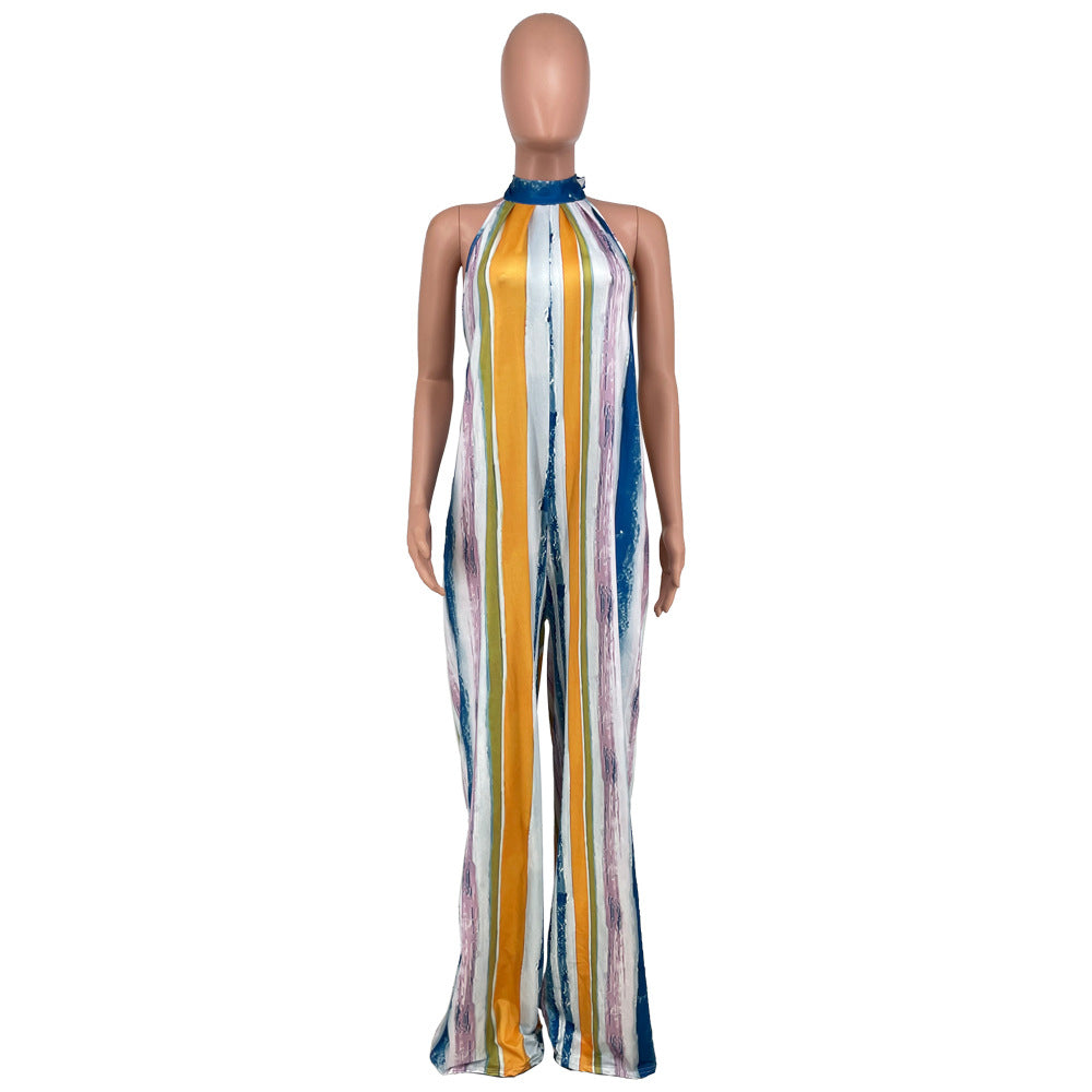 Sexy Tie Dye Print Halter Backless Loose Jumpsuit