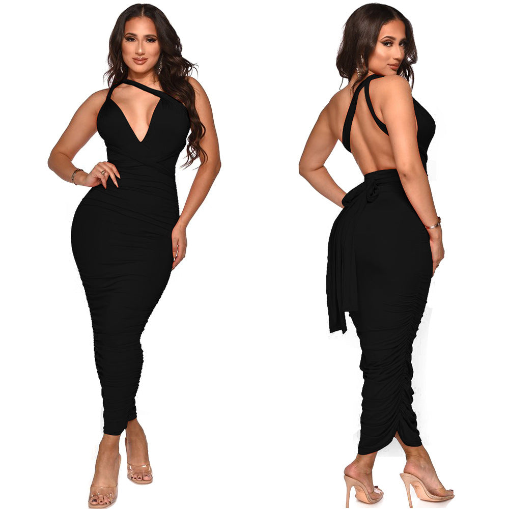 Sexy Solid Color Sexy Backless Ruched Maxi Dress