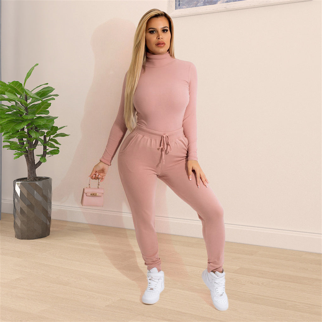 Sexy Solid High Collar Long Sleeve Two Piece Pants Set