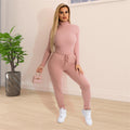 Sexy Solid High Collar Long Sleeve Two Piece Pants Set