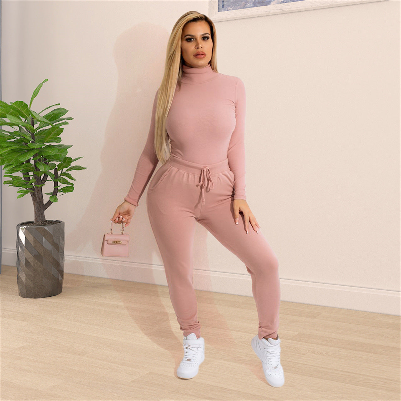 Sexy Solid High Collar Long Sleeve Two Piece Pants Set