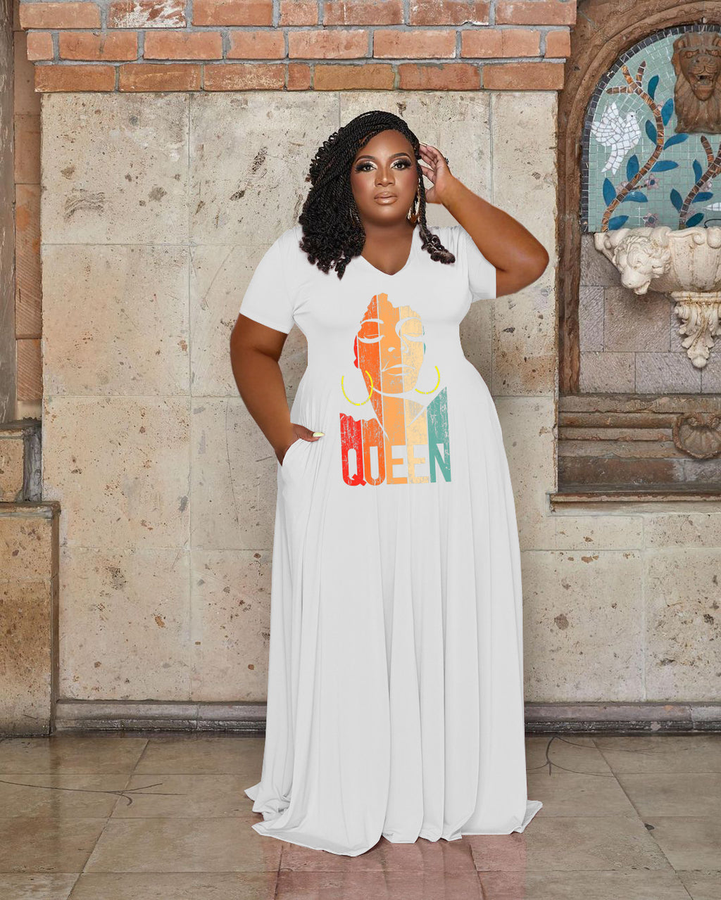 Sexy Plus Size QUEEN Letter V Neck Short Sleeve Maxi Dress