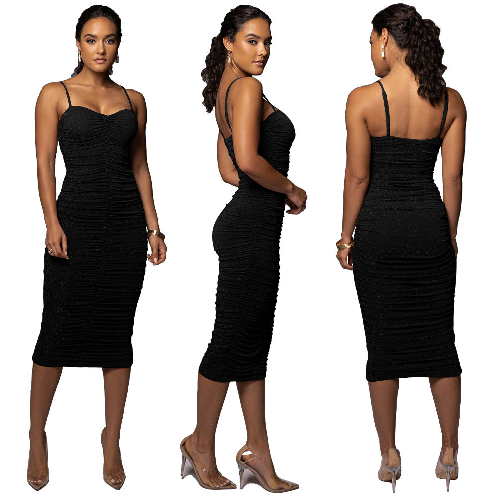 Sexy Solid Color Sling Ruched Midi Dress