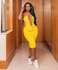 Sexy Solid Deep V Neck Halter Midi Dress