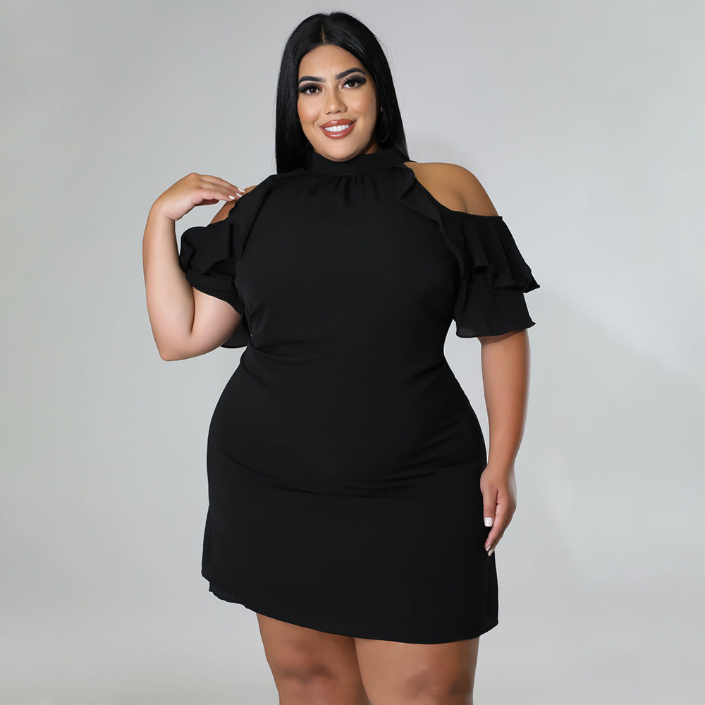 Sexy Plus Size Solid Ruffled Cold Shoulder Mini Dress
