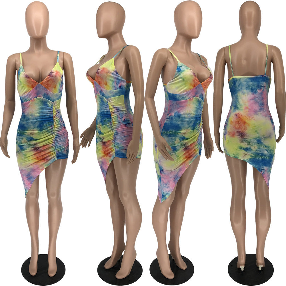 Sexy Tie Dye Print Ruched Irregular Mini Dress