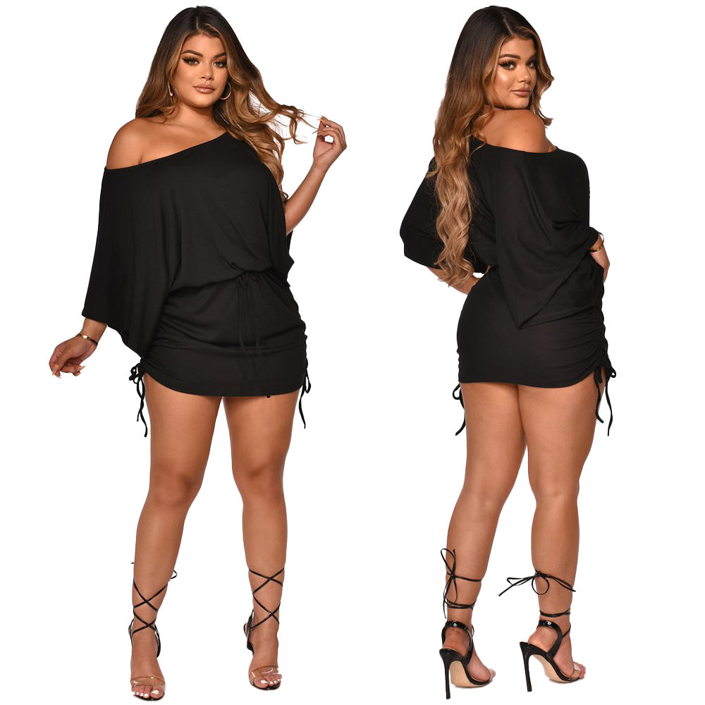 Sexy Solid Color Wrinkled Bat Sleeve Mini Dress