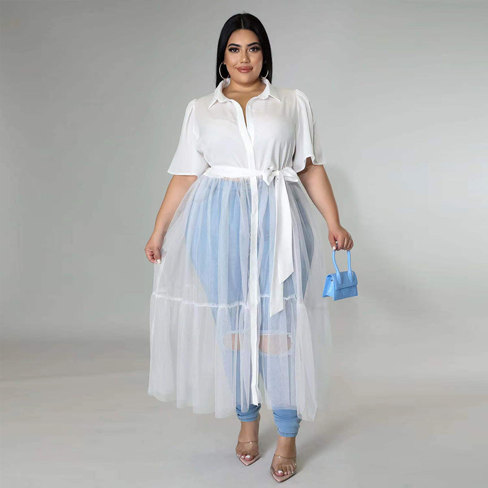 Sexy Plus Size Solid Mesh Patchwork Sashes Maxi Dress