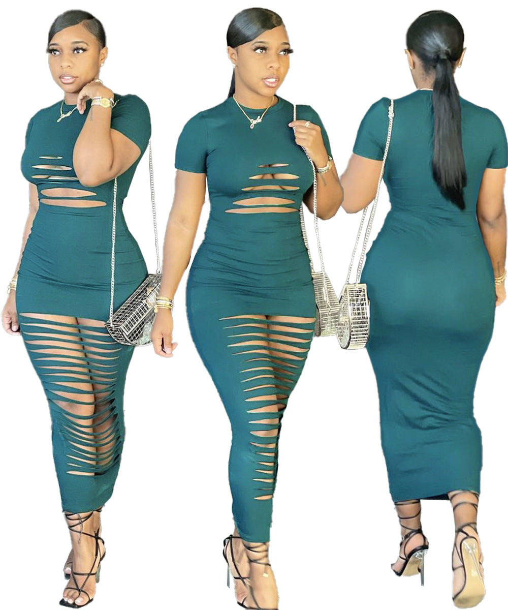 Sexy Fashion Short Sleeve Ripped Hole Maxi Dress