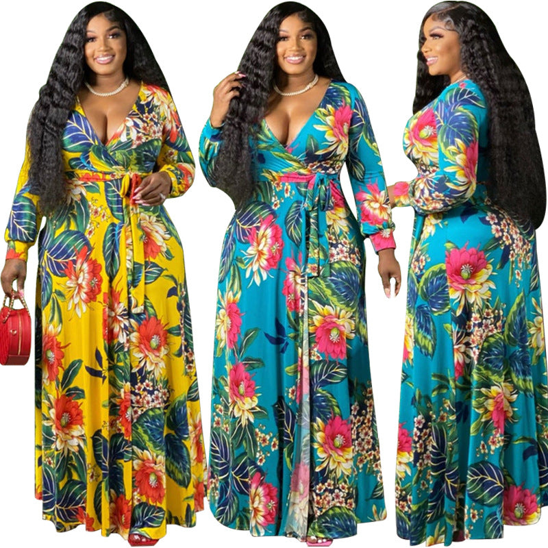Sexy Plus Size Floral Print V Neck Sashes Maxi Dress