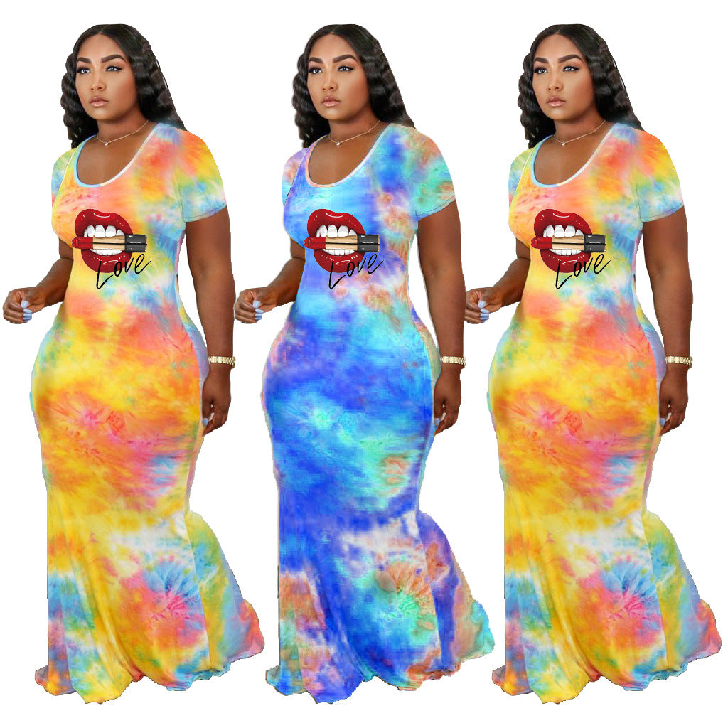 Sexy Plus Size Fashion Lip Tie Dye Print Short Sleeve Maxi Dress