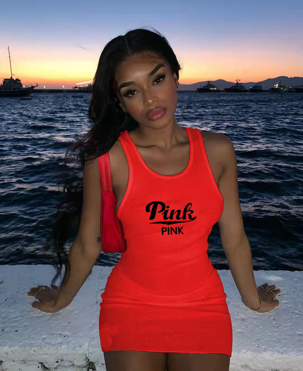 Sexy Fashion Sexy Sleeveless PINK Letter Print Mini Dress