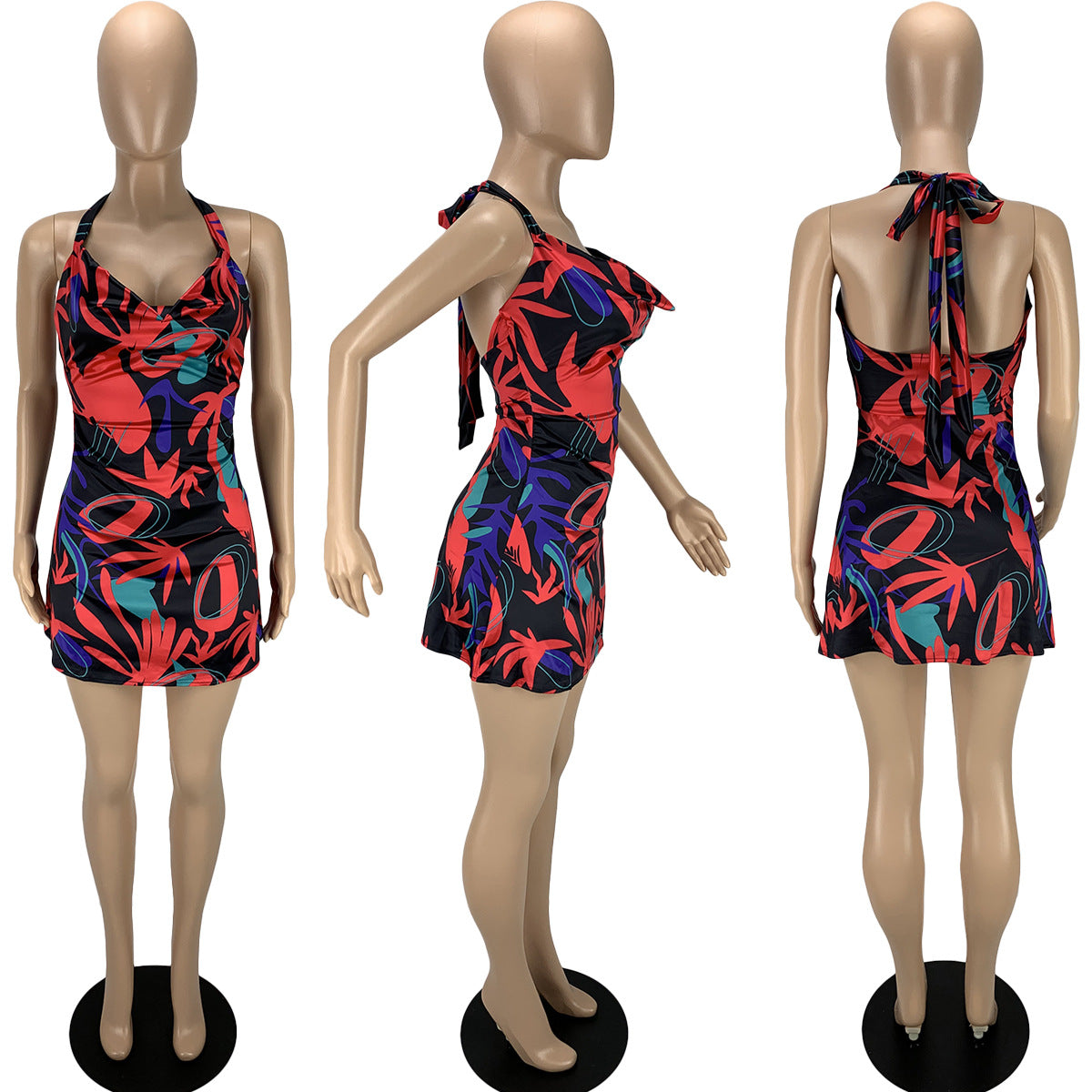 Sexy Sexy Printed Satin Halter Mini Dress