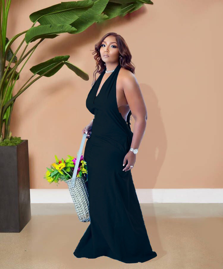 Sexy Plus Size Solid V Neck Halter Maxi Dress