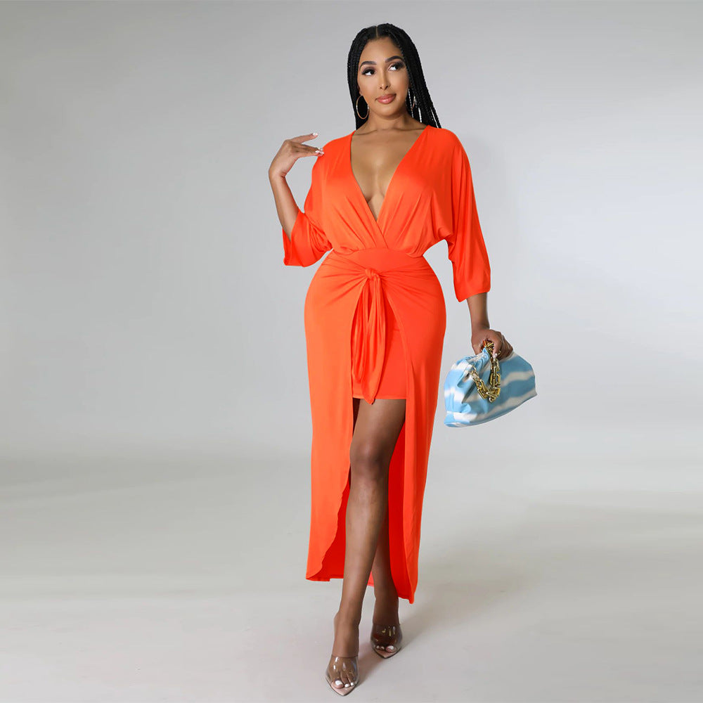 Sexy Solid V Neck 3/4 Sleeve Maxi Dress