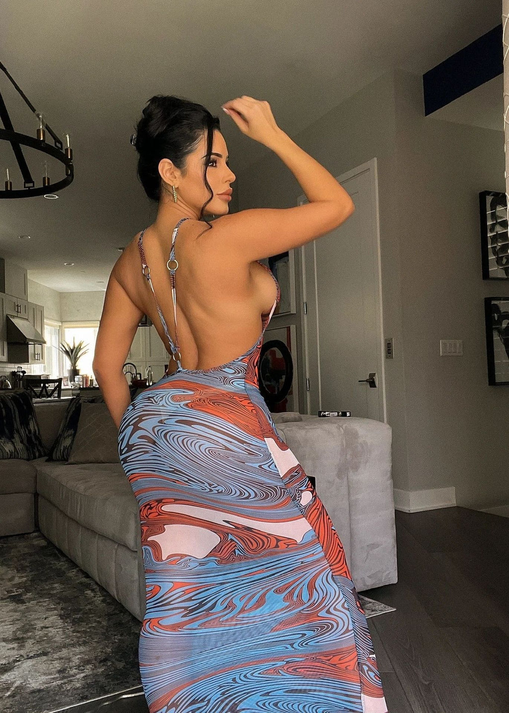 Sexy Sexy Printed Backless Mesh Sling Maxi Dress