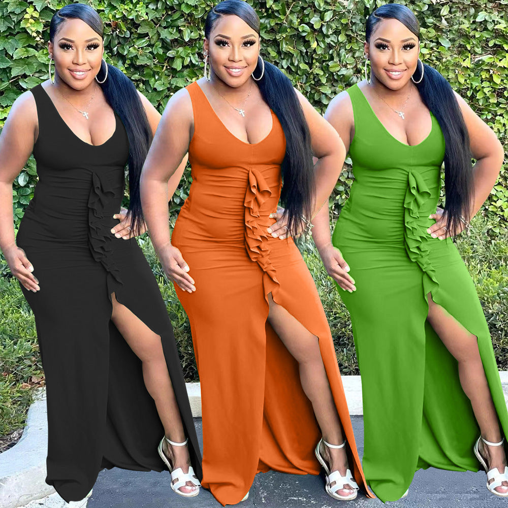 Sexy Solid Sleeveless V Neck Ruffled Split Maxi Dress