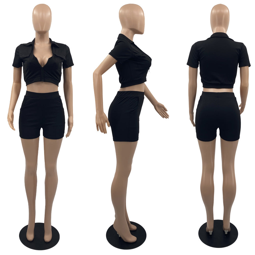 Sexy Casual Solid Short Sleeve Zipper Two Piece Shorts Set