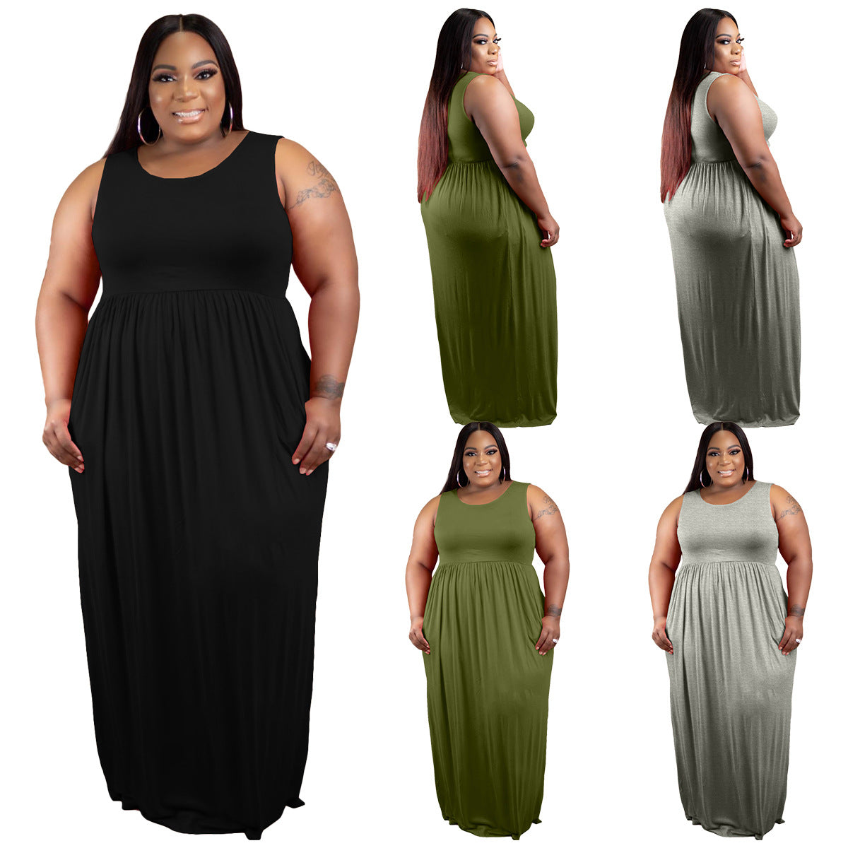 Sexy Plus Size Solid Sleeveless High Waist Maxi Dress