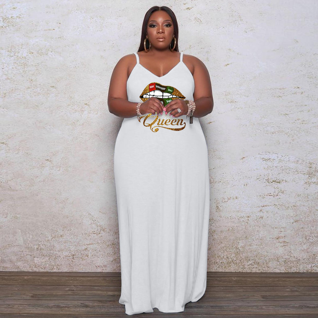 Sexy Plus Size Lip Print Strap Loose Maxi Dress