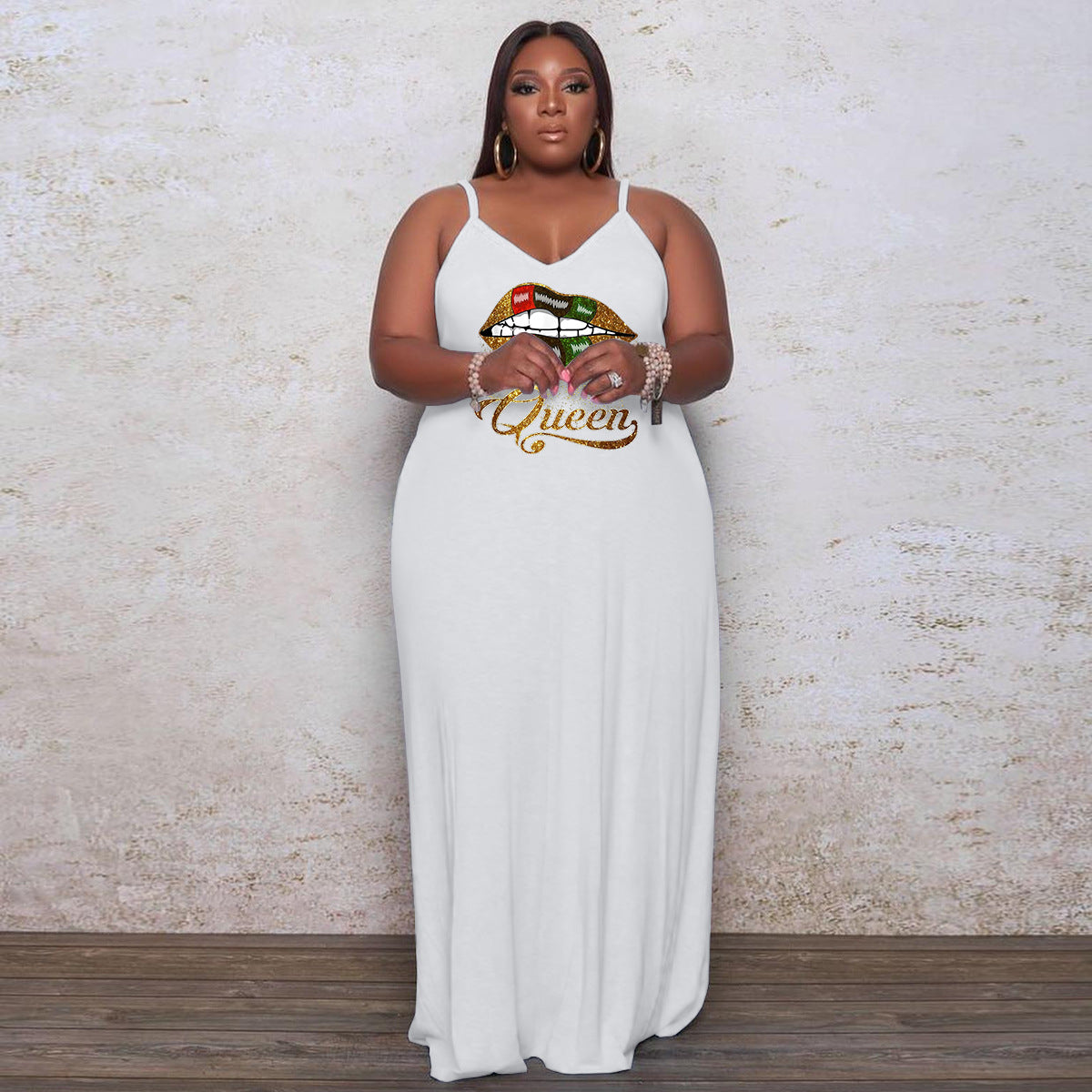 Sexy Plus Size Lip Print Strap Loose Maxi Dress