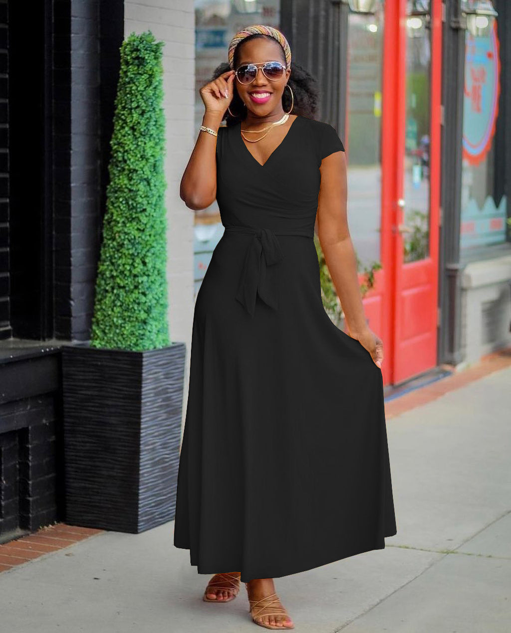 Sexy Plus Size Solid V Neck Short Sleeve Maxi Dress