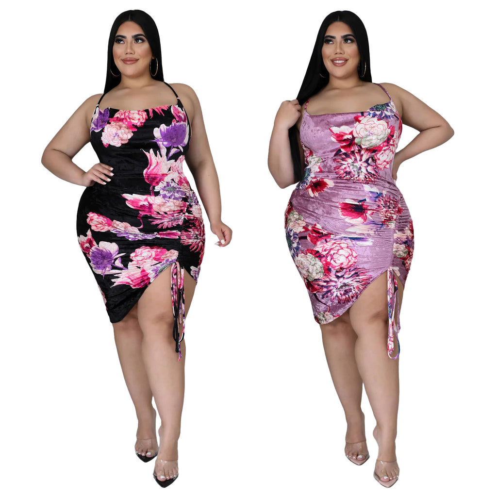 Sexy Plus Size Flower Print Cross Strap Mini Dress