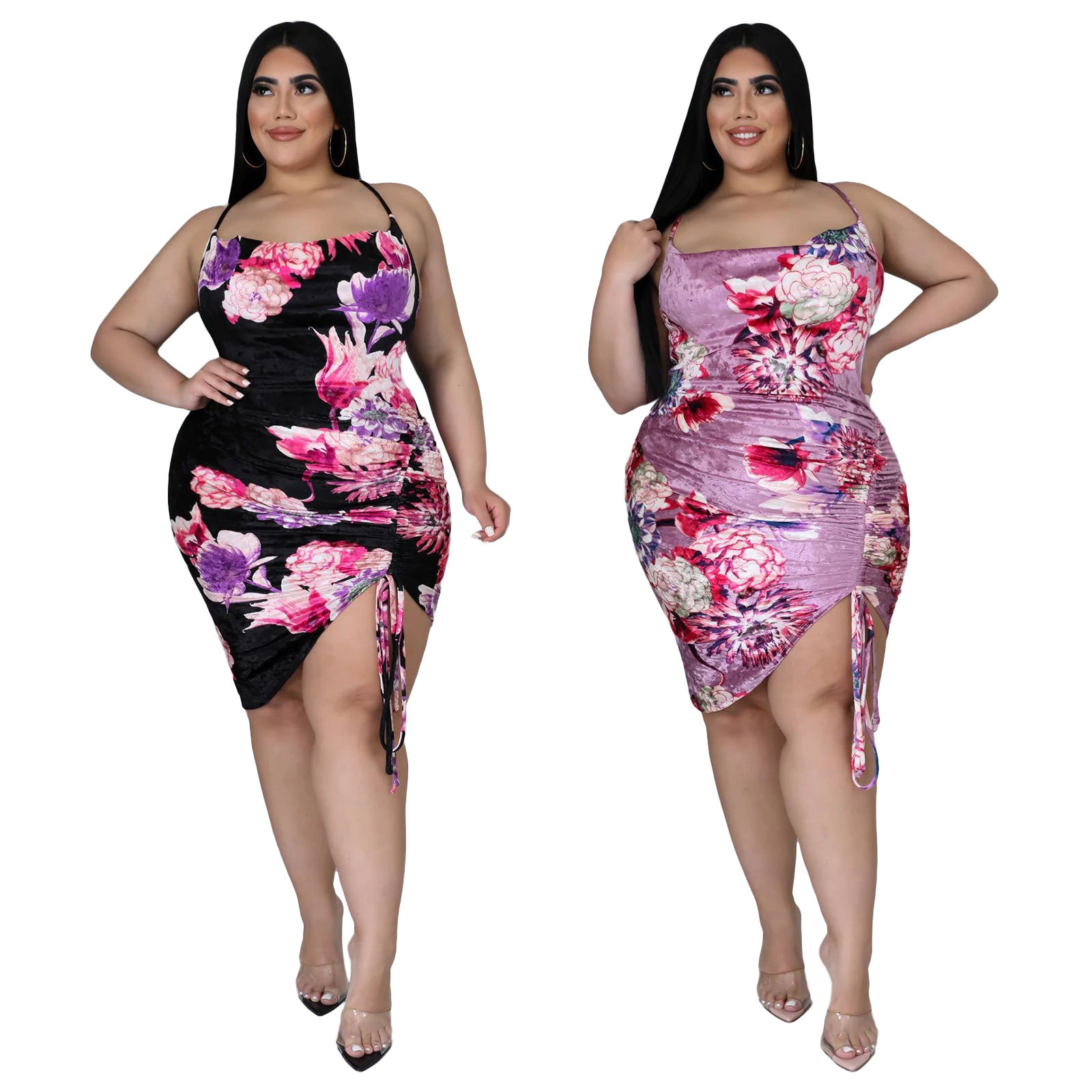 Sexy Plus Size Flower Print Cross Strap Mini Dress