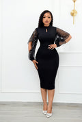 Sexy Solid Fashion Bead Long Sleeve Slim Midi Dress