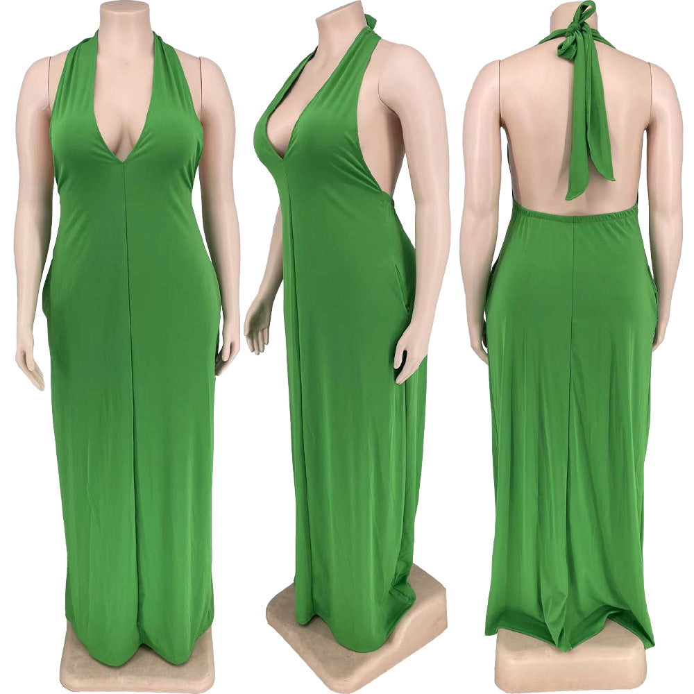 Sexy Plus Size Solid V Neck Halter Maxi Dress
