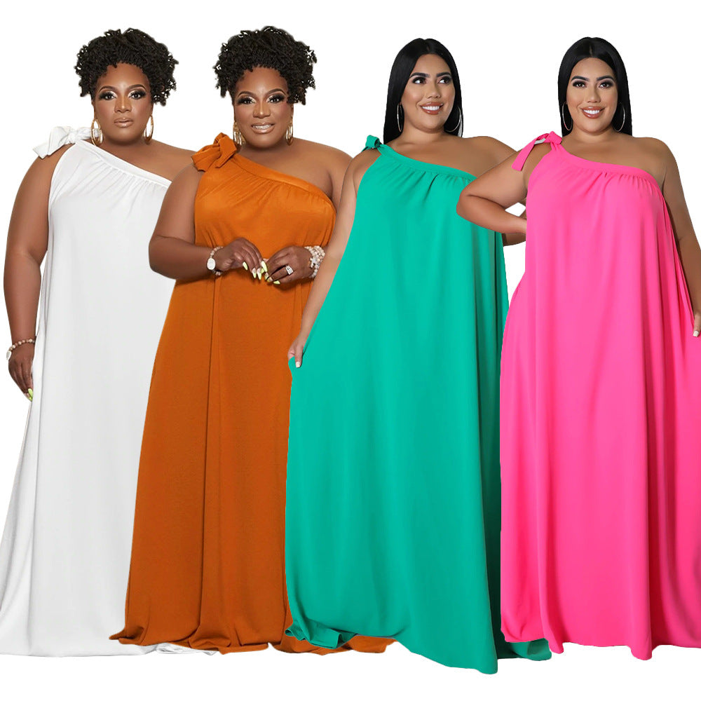 Sexy Plus Size Solid One Shoulder Loose Maxi Dress