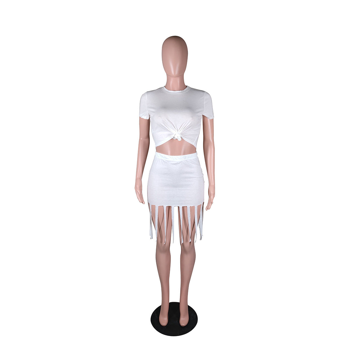 Sexy Solid Short Sleeve Tassel Skirt Two Piece Sets