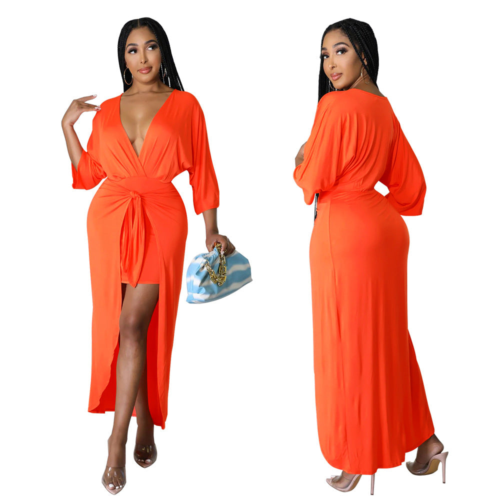 Sexy Casual Solid Color V-Neck Lace-Up Dress
