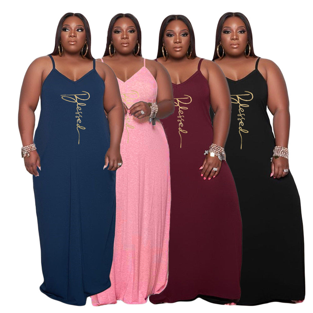 Sexy Plus Size Letter Print Spaghetti Strap Maxi Dress