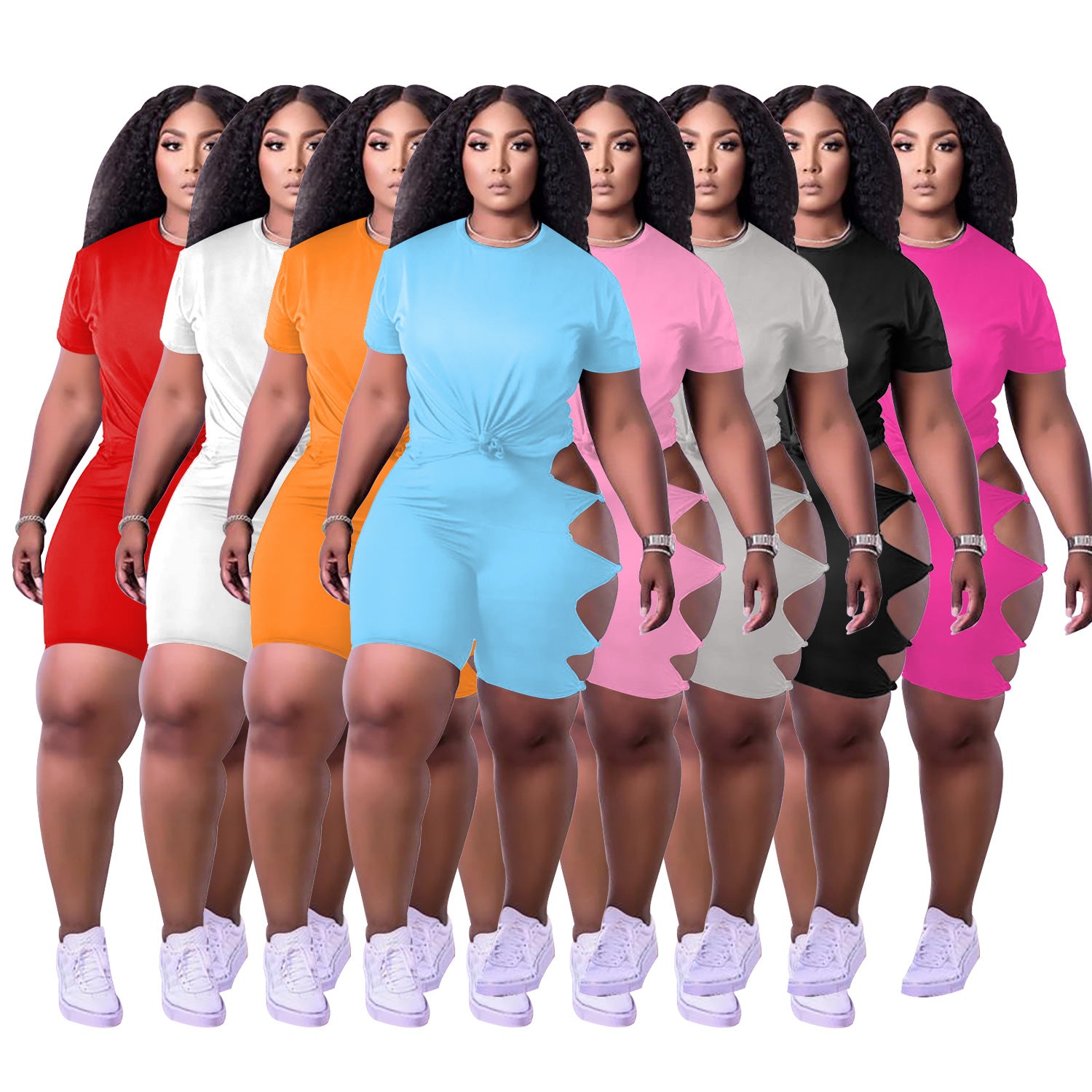 Sexy Solid T Shirt Hollow Out Short Two Piece Sets